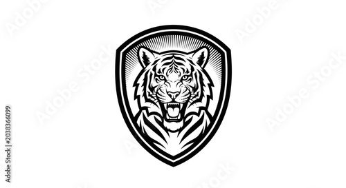 Fotografia Fierce Tiger Head Emblem, Roaring Wild Cat Badge, Vector Art