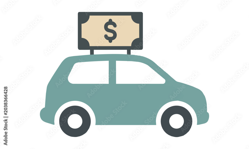 Fototapeta premium A minimalist automobile icon transporting a generic currency symbol on its roof, rendered in flat colors and clean outlines on a white background, financial delivery concept