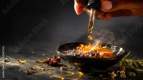 Hand holds dropper above bowl filled with colorful herbs and spices, releasing essential oil droplets into mixture, creating soothing atmosphere