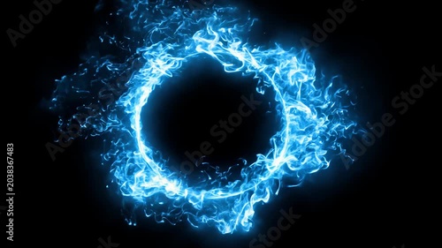 Blue glowing energy swirl transitions from a dynamic arc to a circular formation, showcasing vibrant light trails against a dark background in a visually captivating sequence