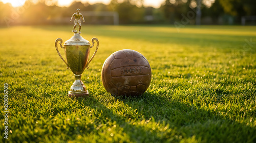 A shiny trophy and a soccer ball sit on a lush green field at sunset