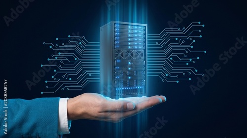 Foto Businessman holding futuristic glowing server with circuit board design on dark