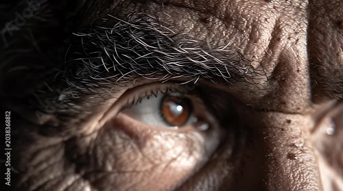 Close-up extreme detail of an elderly man's weathered eye and wrinkled skin.