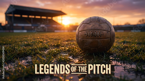A soccer ball sits on a muddy field at sunset with a stadium in the background.