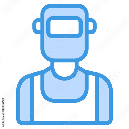 Blue flat icon of welder head protection gear. Suitable for construction, metalwork, manufacturing, safety, welding industry, ppe, and industrial themes.