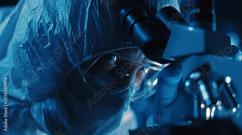 Scientist in protective suit looking through a microscope in a laboratory with blue lighting.