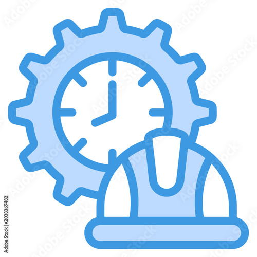 Blue industrial cog wheel clock face hard hat icon for construction workers. Suitable for presentations, safety posters, infographics, and constructionrelated designs.