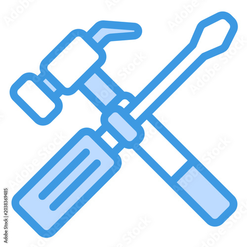 Blue metal construction hammer crossed industrial screwdriver for manual repair work, suitable for hardware tool set illustrations and projects.