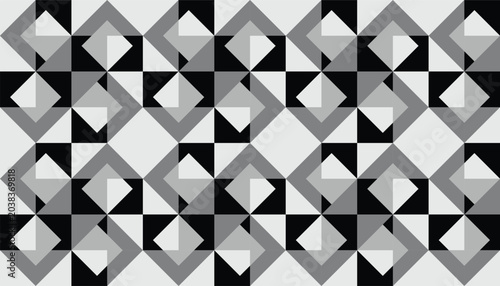 Seamless geometric pattern with abstract monochrome triangles and diamonds, modern repeating background in black, white, and grey