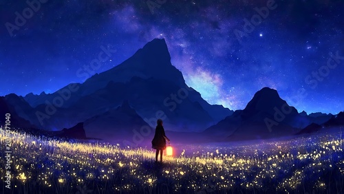 Anime style illustration, a lone girl holding a glowing lantern standing in a magical dark field of luminous yellow flowers looking toward a massive dark mountain under a starry night