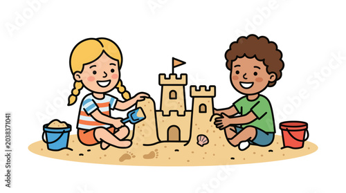 Children Building Sandcastle Vector Illustration