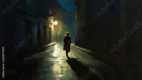 Oil painting illustration, a solitary male walking away down a dark narrow quiet city street at night illuminated by a single glowing warm vintage wall lamp casting reflections on