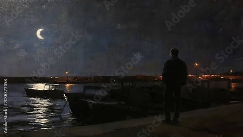 Oil painting illustration, a lone male standing on a concrete pier looking at dark small boats moored in a calm quiet harbor at night illuminated by distant warm lights and a glowing