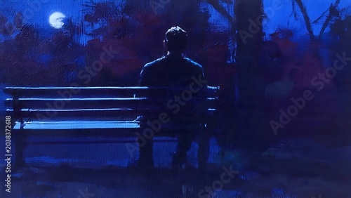 Oil painting illustration, a solitary male sitting alone on a wooden park bench at night facing away toward a dark landscape illuminated by a bright full moon in a deep blue atmospheric