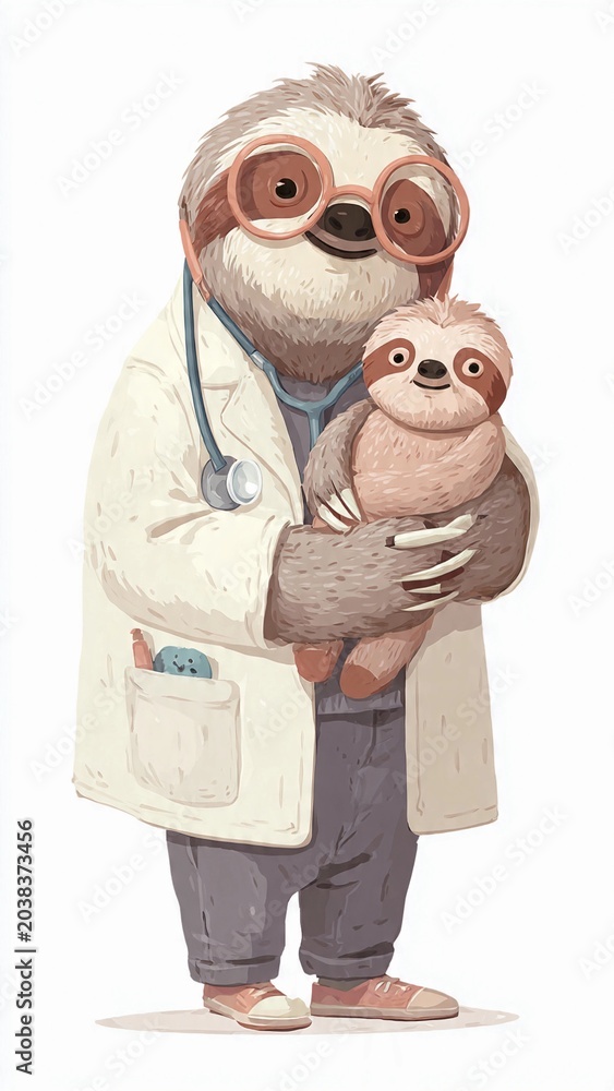 Obraz premium Cute cartoon sloth doctor holding baby sloth patient, pediatric veterinarian illustration isolated on white