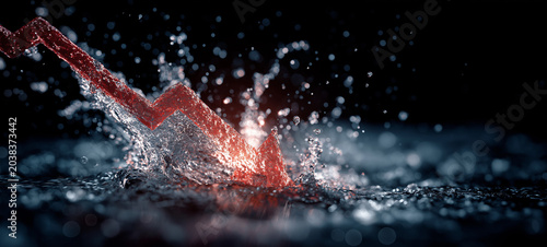 Economic Downturn Splash: A downward-trending red arrow, symbolizing financial decline, plunges into dark, rippling water.