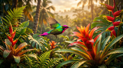 Vibrant hummingbird in flight among tropical plants and flowers in jungle