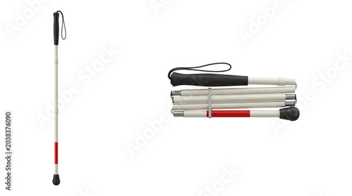 White folding mobility cane with red band, rubber tip and wrist strap, shown both extended and folded