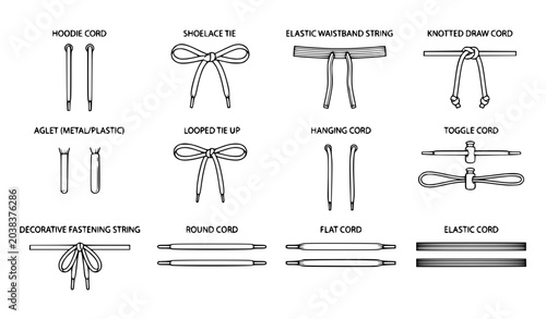 Fényképezés Drawstring Cord and Tie Up Technical CAD Vector Set for Fashion Apparel Flat Ske