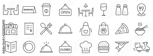 Schilderij op canvas Restaurant outline icon set with food, dining, and delivery elements for caffe, bar, and kitchen and more line icons