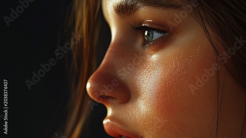 Profile of a young woman breathing deeply, highlighting flawless skin and a perfectly shaped nose after rhinoplasty surgery, embodying the essence of beauty and advanced cosmetology