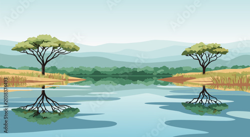 Cuadro en lienzo Serene Landscape Vector Illustration Featuring Two Acacia Trees Reflected in a C