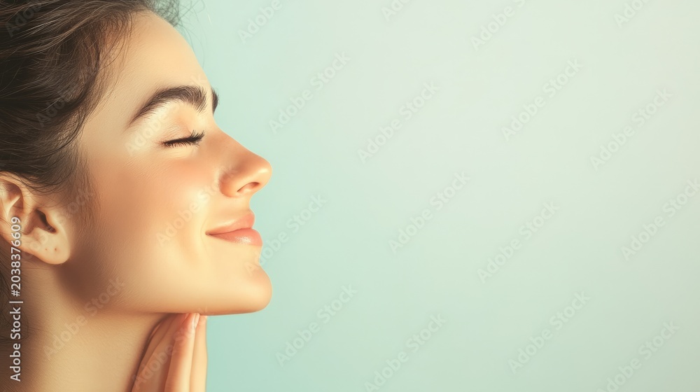 Naklejka premium Profile of a beautiful woman breathing with closed eyes, touching her chin with her hand, showing the results of rhinoplasty surgery, a concept of cosmetology and beauty