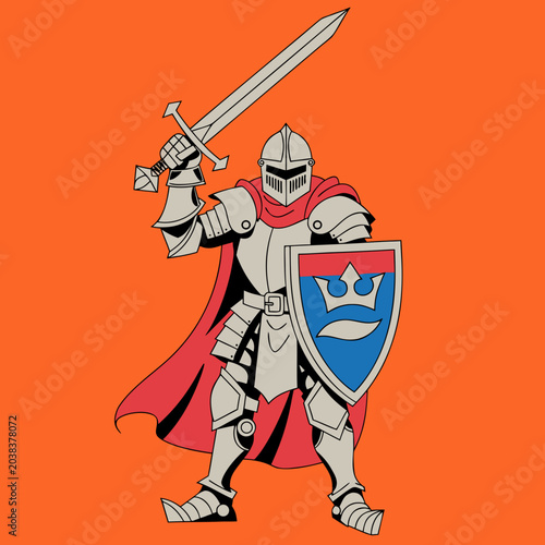 Medieval knight in full shining plate armor holding sword and shield with crown emblem. Fantasy soldier character. Graphic illustration for game design, poster, sticker, icon