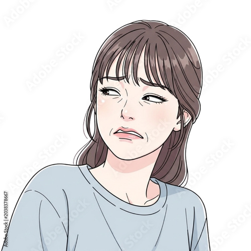 Canvastavla A woman with brown hair and a blue shirt looks unhappy in a transparent background PNG