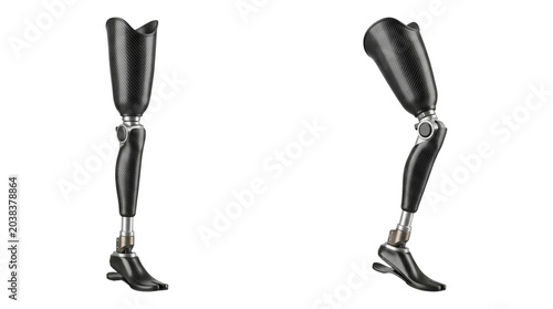 Two carbon-fiber above-knee prosthetic legs with sockets, knee joints, pylons and prosthetic feet shown side by side on transparent background
