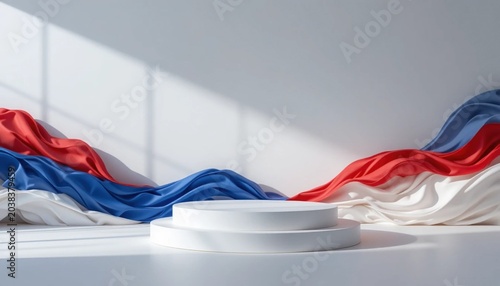 Circular white podium in front of flowing blue white and red draped fabric backdrop representing patriotic ceremony celebration unity and national pride