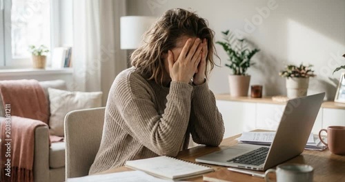Woman experiencing stress overwhelmed at desk with laptop indoor setting