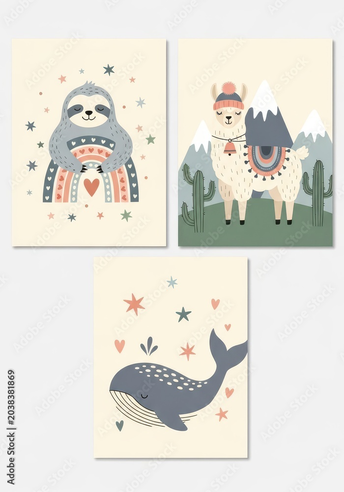 Fototapeta premium Set of Three Cute Nursery Art Prints Featuring Sloth with Rainbow, Llama in Mountains, and Whale with Stars for Kids Room Decor