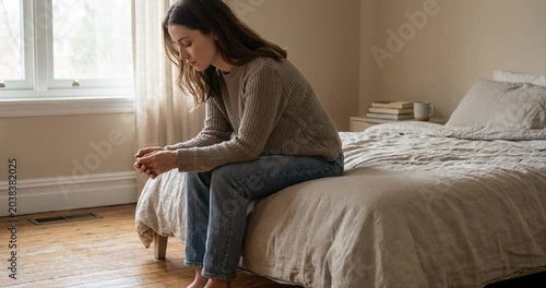 Woman sitting on bed day interior bedroom