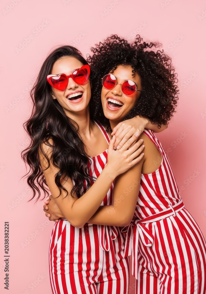 Fototapeta premium Two Happy Diverse Young Women Hugging and Laughing in Red Striped Outfits and Sunglasses on Pink Background