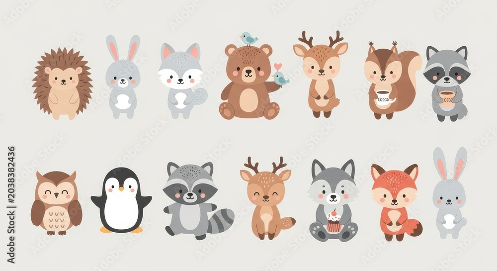 Fototapeta premium Cute Forest and Arctic Animal Vector Illustration Set for Kids Nursery Decor and Stickers - Hedgehog, Bear, Fox, Penguin, and More