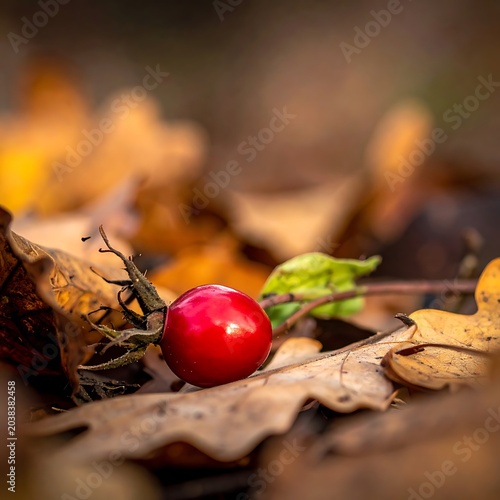 A vibrant red berry amidst fallen leaves and twigs on forest floor