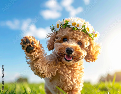 花かんむりをつけて笑顔で芝生をかけまわるかわいい茶色のトイプードル　ドッグモデル　犬