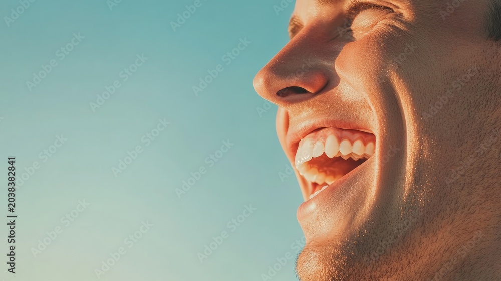 Fototapeta premium Close up of a laughing man showcasing perfect teeth, highlighting dental health and cosmetic dentistry against a clear blue sky, emphasizing happiness and well being
