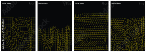 Futuristic Wireframe Poster Template Set with Distorted Grid Mesh and Digital Landscape Background