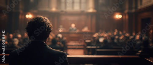 Rear view of a lawyer standing before a judge in a grand courtroom, facing an audience, under dramatic lighting. Ideal for legal, justice, or business themes.
