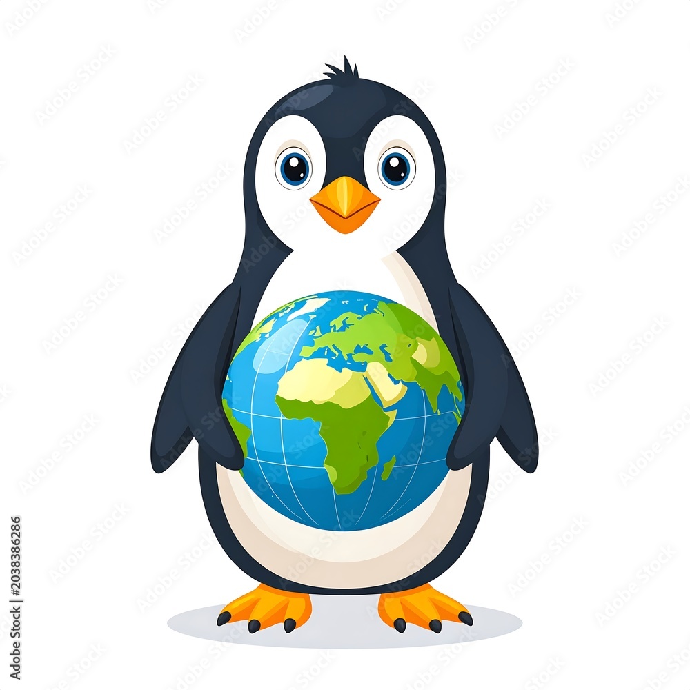 Fototapeta premium Cartoon penguin holding the Earth globe.