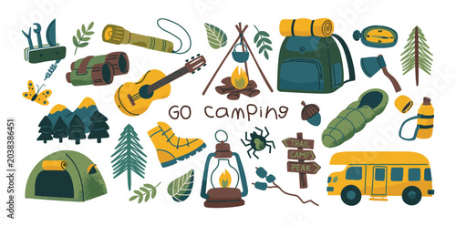 Bild auf Leinwand Camping equipment icons set for outdoor adventure and hiking with camping gear o