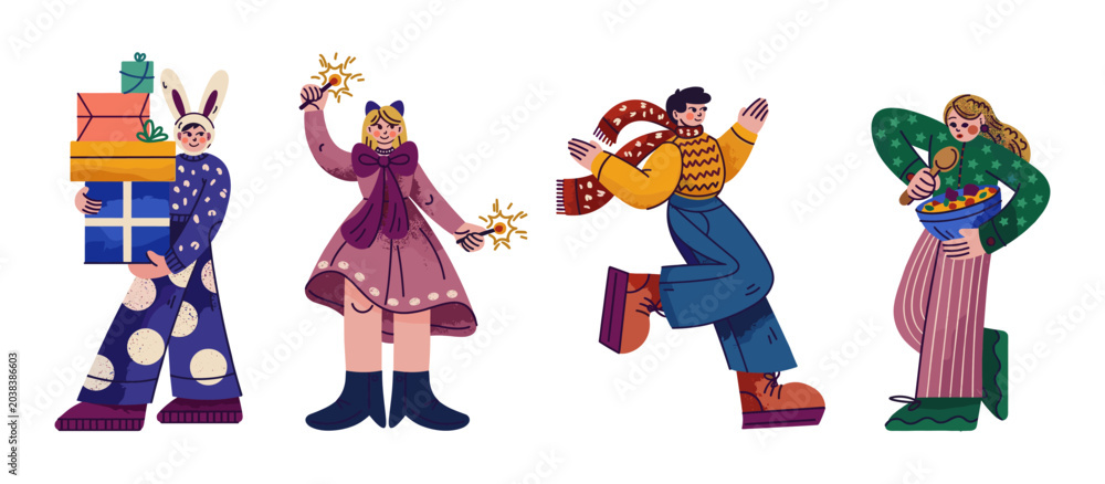 Fototapeta premium Festive people celebrating with gifts and sparklers gift giving celebration sparklers illustration festivity excitement surprise fireworks artistic stylized character colorful christmas