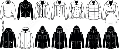 Fotografie Set of men autumn and winter jacket icons bomber leather coat puffer and hoodie