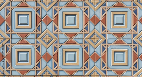 Intricate Geometric Pattern with Repeating Square Motifs and Colorful Accents.