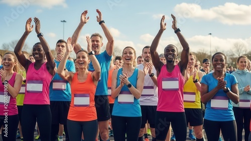 Diverse athletes in bright tank tops clap and cheer during a sunny outdoor marathon Wallpaper Background image