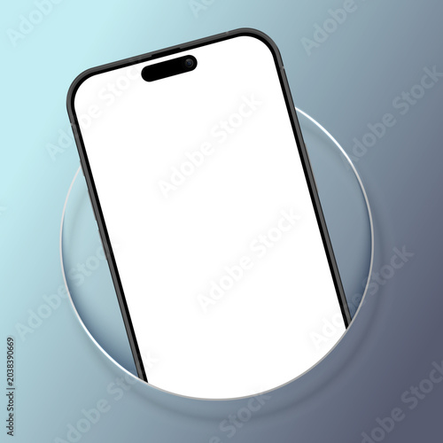 Realistic Smartphone Mockup with Blank Mobile Screen on Liquid Glass Circle Background Vector