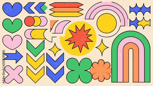 memphis design shapes colorful vector illustration pattern graphic art retro vintage playful explosion heart star arrow flower arc diamond zigzag circle