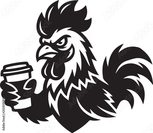 Angry Rooster Mascot Holding Coffee Cup Vector Silhouette Illustration